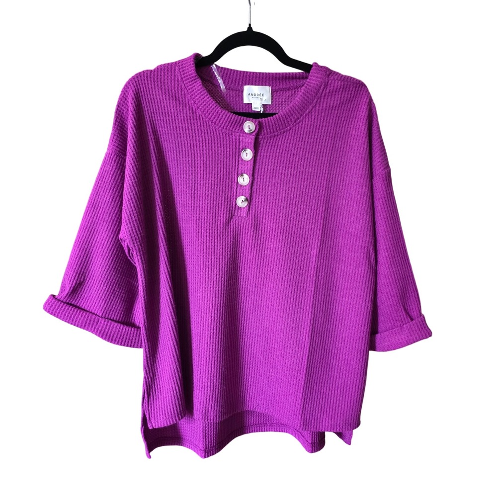ANDRÉE BY UNIT Purple Waffle Knit‎ Button Henley Top 3/4 Sleeve Women's L